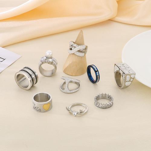 Rhinestone Stainless Steel Finger Ring, 304 Stainless Steel, with Plastic Pearl, Key, Vacuum Ion Plating  & for woman & with rhinestone 