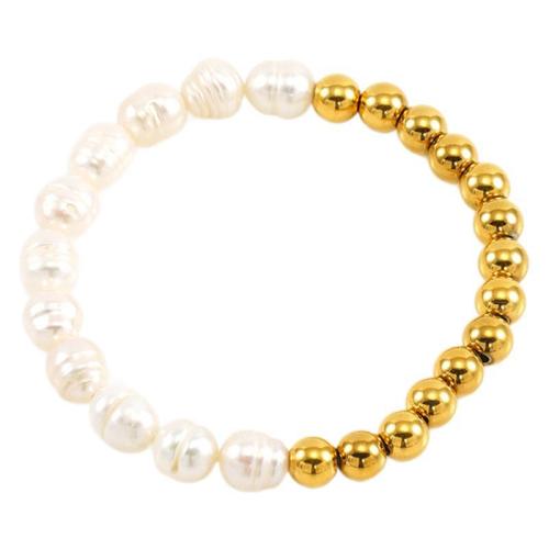 Stainless Steel Chain Bracelets, 304 Stainless Steel, with Plastic Pearl, 18K gold plated, fashion jewelry & for woman, white, Inner Approx 70mm [