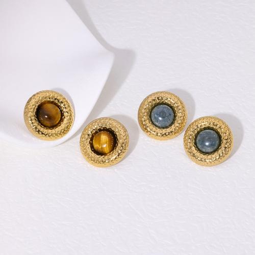 Gemstone Stud Earring, 304 Stainless Steel, with Natural Stone, Round, 18K gold plated, fashion jewelry & for woman 26mm 