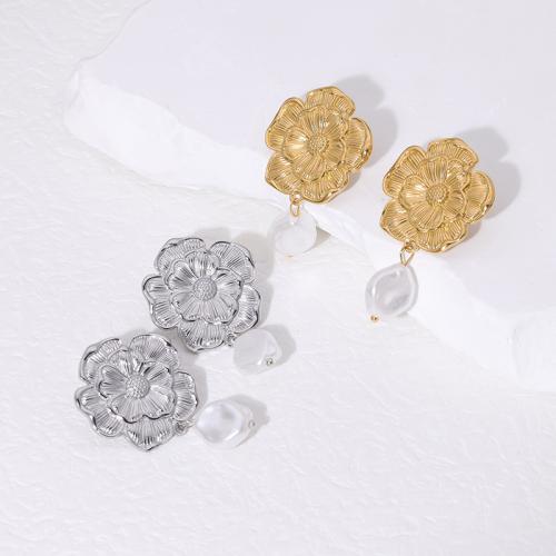 Stainless Steel Drop Earring, 304 Stainless Steel, with Plastic Pearl, Flower, fashion jewelry & for woman 42mm 