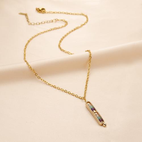 Stainless Steel Jewelry Necklace, 304 Stainless Steel, with Gemstone, with 5cm extender chain, fashion jewelry & for woman, golden, 40mm Approx 45 cm 