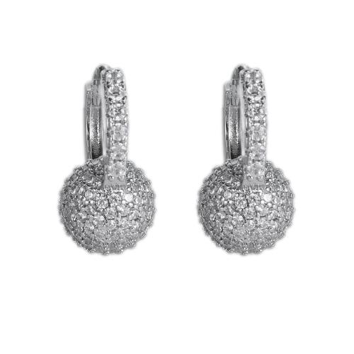 Cubic Zirconia Micro Pave Brass Earring, Round, silver color plated, fashion jewelry & micro pave cubic zirconia & for woman 