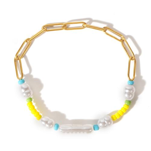 Bracelets en laiton, avec Seedbead & perle de plastique, Placage de couleur d'or, bijoux de mode & pour femme, couleurs mélangées Environ 17.5 cm, Vendu par PC