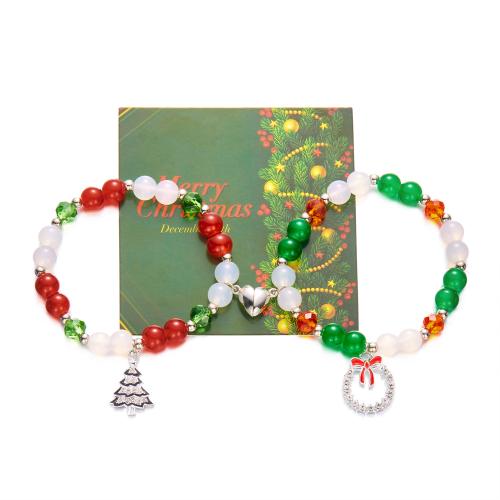 Pulsera de Navidad de la aleación de zinc, con Cuentas de vidrio, Diseño de Navidad & unisexo & diferentes estilos para la opción & con diamantes de imitación, multicolor, Vendido por Set