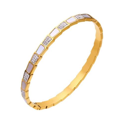 Titanium Steel Bangle, with White Shell, plated, fashion jewelry & for woman & with rhinestone, golden, Inner about 60cm. [