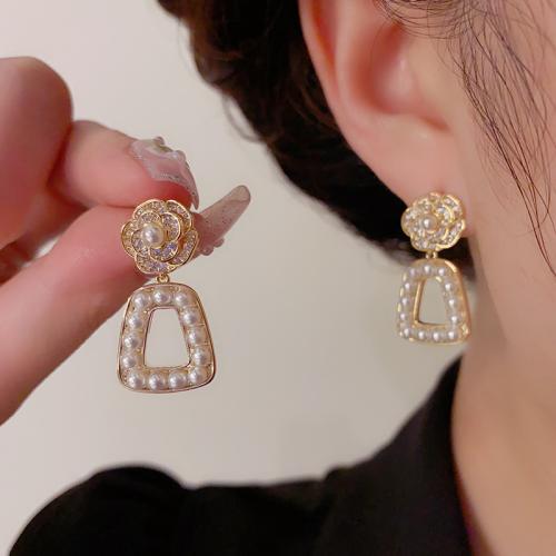 Cubic Zirconia Micro Pave Brass Earring, with Plastic Pearl, real gold plated, micro pave cubic zirconia & for woman, gold 