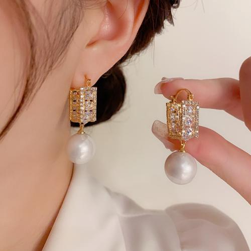 Cubic Zirconia Micro Pave Brass Earring, with Plastic Pearl, real gold plated, micro pave cubic zirconia & for woman, gold 