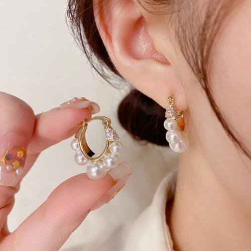 Cubic Zirconia Micro Pave Brass Earring, with Plastic Pearl, real gold plated, micro pave cubic zirconia & for woman, gold 