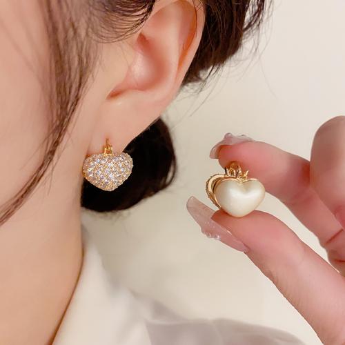 Cubic Zirconia Micro Pave Brass Earring, with Plastic Pearl, Heart, real gold plated, micro pave cubic zirconia & for woman, gold 