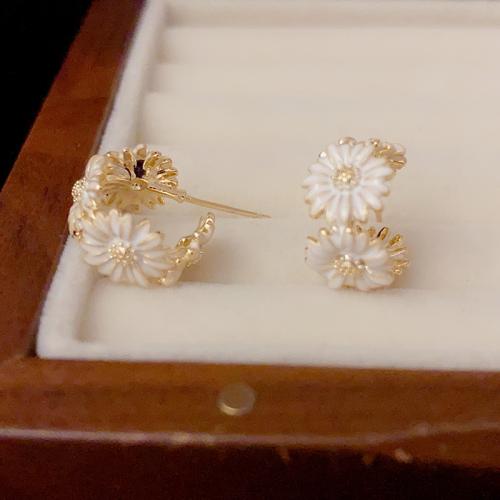 Brass Stud Earring, Daisy, real gold plated, for woman & enamel, gold 