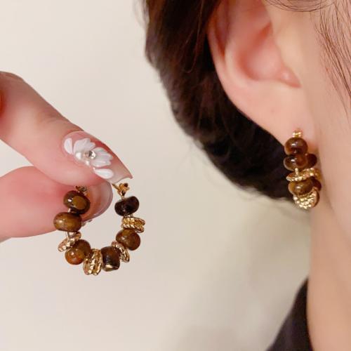 Gemstone Drop Earring, Brass, with Tiger Eye, real gold plated, for woman, white 