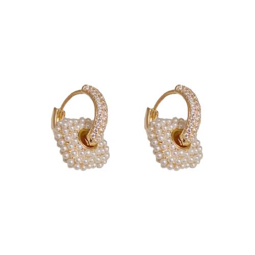 Cubic Zirconia Micro Pave Brass Earring, with Plastic Pearl, real gold plated, micro pave cubic zirconia & for woman, gold 