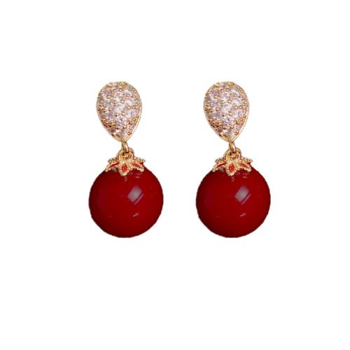 Cubic Zirconia Micro Pave Brass Earring, with Plastic Pearl, real gold plated, micro pave cubic zirconia & for woman & enamel, red 