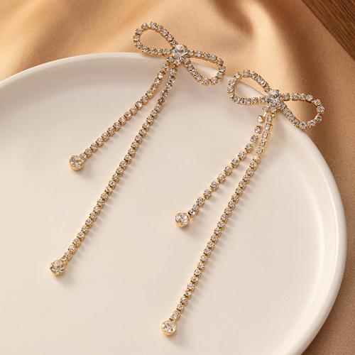 Zinc Alloy Stud Earring, with Glass Rhinestone, Bowknot, plated, for woman, gold [