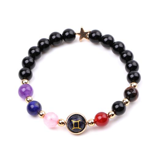 Black Stone Bracelet, with Lapis Lazuli & Blue Goldstone & Tiger Eye & Agate & Zinc Alloy, 12 Signs of the Zodiac, Unisex Approx 7.3-7.5 Inch 