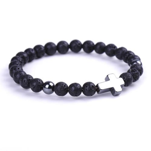 Gemstone Bracelet, with Black Magnetic Stone & Zinc Alloy, Cross, handmade & Unisex Approx 7 Inch 