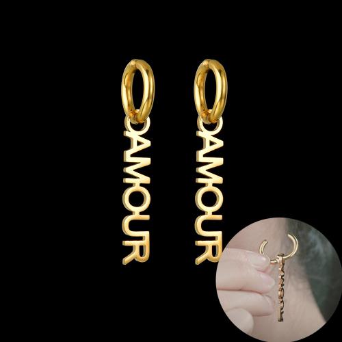 Acier inoxydable 304 Boucles d'oreilles pendantes Hoop Huggie, Chaque texte personnalisé doit être inférieur à 10 lettres & bijoux de mode & pour femme, doré, 35mm, Vendu par paire[