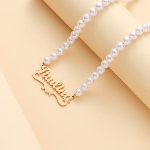 Acier inoxydable 304 collier, avec perle de plastique, avec 5cm chaînes de rallonge, Chaque texte personnalisé doit être inférieur à 10 lettres & bijoux de mode & pour femme, doré Environ 40 cm, Vendu par PC[