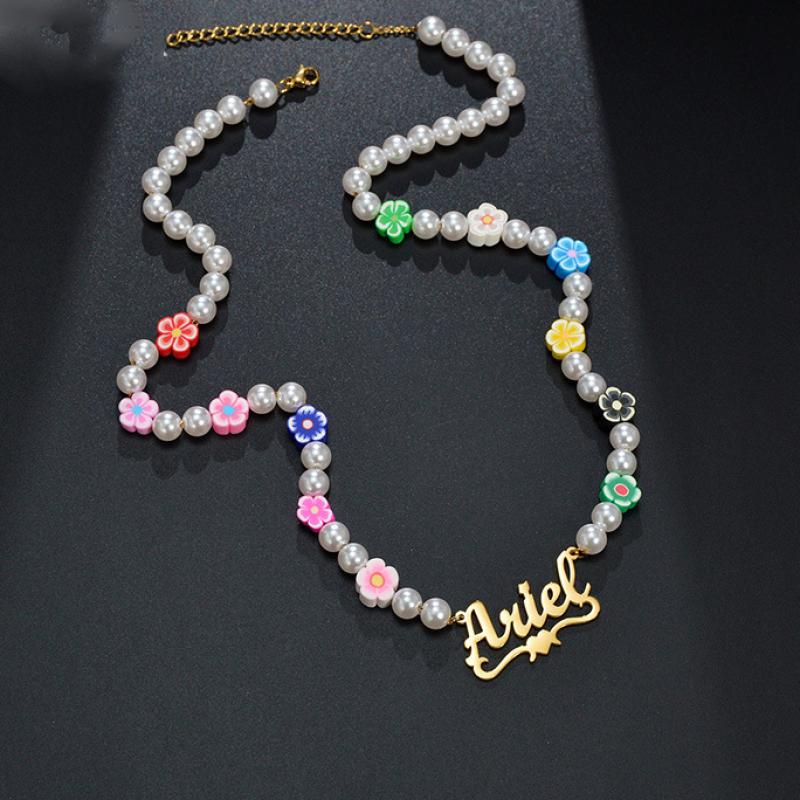 Collier de perles en plastique, Acier inoxydable 304, avec perle de plastique, avec 5cm chaînes de rallonge, Chaque texte personnalisé doit être inférieur à 10 lettres & bijoux de mode & pour femme, doré, Longueur:Environ 40 cm, Vendu par PC