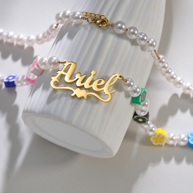 Collier de perles en plastique, Acier inoxydable 304, avec perle de plastique, avec 5cm chaînes de rallonge, Chaque texte personnalisé doit être inférieur à 10 lettres & bijoux de mode & pour femme, doré, Longueur:Environ 40 cm, Vendu par PC