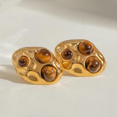 Stainless Steel Stud Earring, 304 Stainless Steel, with Tiger Eye, gold color plated, for woman 