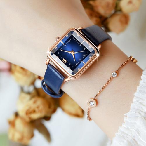 Zinc Alloy Watch Bracelet, with Leather & Glass & 304 Stainless Steel, Square, Life water resistant & Chinese movement & for woman & with rhinestone Approx 18 cm 