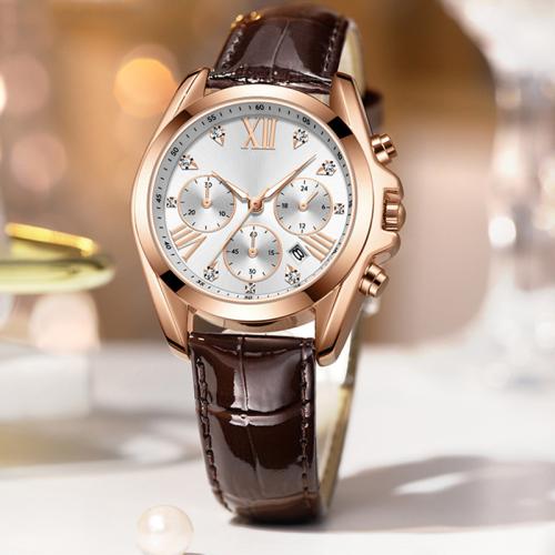 Zinc Alloy Watch Bracelet, with Leather & Glass & 304 Stainless Steel, Round, Life water resistant & Chinese movement & with roman number & for woman & with rhinestone Approx 18 cm 