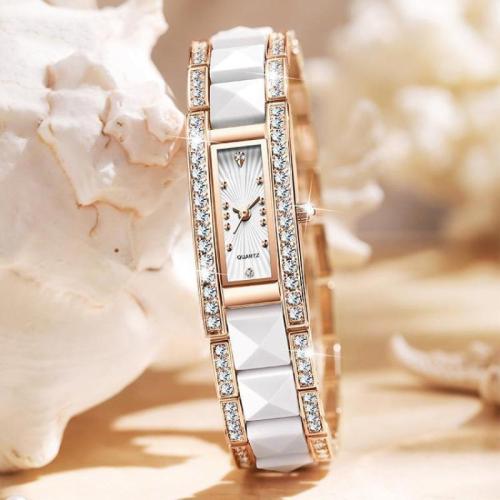 Zinc Alloy Watch Bracelet, with Glass, Rectangle, Life water resistant & Chinese movement & for woman & with rhinestone [