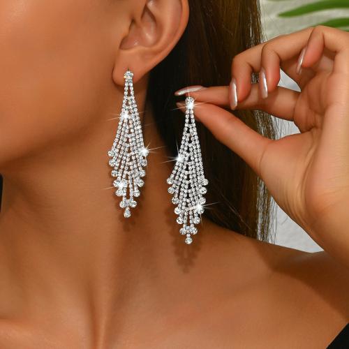 Zinc Alloy Tassel Earring, Rhombus, platinum color plated, for woman & with rhinestone 