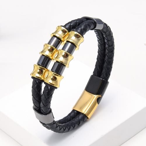 bracelet de cordon en PU , cuir PU, avec Acier inoxydable 304, Placage ionique sous vide, bijoux de mode & pour homme, plus de couleurs à choisir Environ 21 cm, Vendu par PC