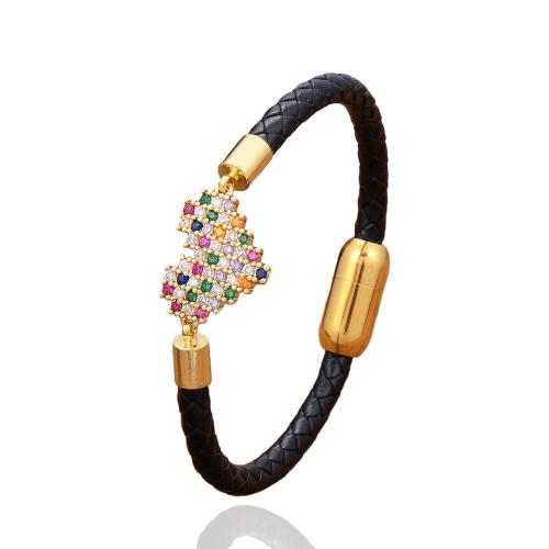 PU Leather Cord Bracelets, with Brass & 304 Stainless Steel, gold color plated, fashion jewelry & micro pave cubic zirconia & for woman Approx 21 cm 