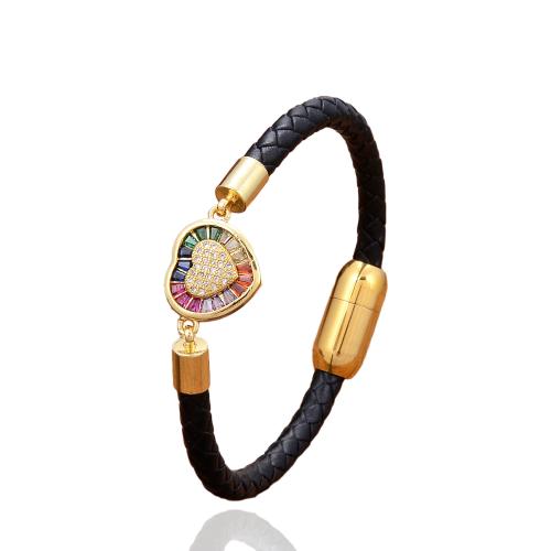 PU Leather Cord Bracelets, with Brass & 304 Stainless Steel, Heart, gold color plated, fashion jewelry & micro pave cubic zirconia & for woman Approx 21 cm 