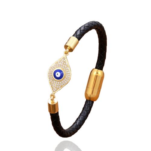 bracelet de cordon en PU , cuir PU, avec laiton & Acier inoxydable 304, Mauvais œil, Placage de couleur d'or, bijoux de mode & pavé de micro zircon & pour femme, plus de couleurs à choisir Environ 21 cm, Vendu par PC