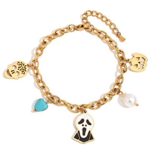 acero inoxidable 304 Pulsera, con turquesa & Perlas plásticas, Recubrimiento iónico al vacío, para mujer & esmalte, dorado, Vendido por UD