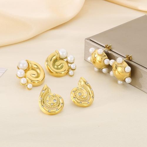 Stainless Steel Rhinestone Stud Earring, 304 Stainless Steel, with Plastic Pearl, Vacuum Ion Plating & for woman & with rhinestone 