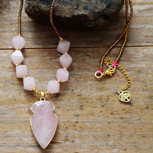 Rose Quartz Necklace, with Seedbead & Zinc Alloy, with 2inch extender chain, gold color plated, Bohemian style & Unisex Approx 19.7 Inch 