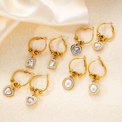 Stainless Steel Drop Earring, 304 Stainless Steel, with Plastic Pearl & micro pave cubic zirconia & for woman, golden 