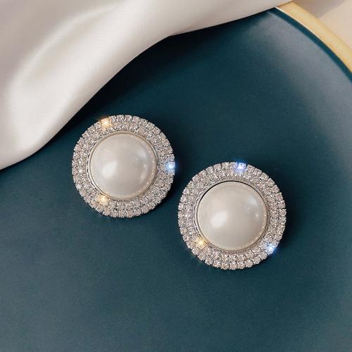 Rhinestone Brass Stud Earring, with Plastic Pearl, fashion jewelry & for woman & with rhinestone 27mm [