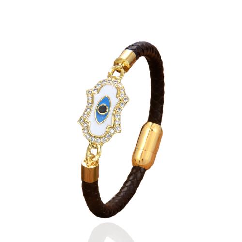 bracelet de cordon en PU , cuir PU, avec laiton & Acier inoxydable 304, Placage de couleur d'or, bijoux de mode & unisexe & pavé de micro zircon & émail, plus de couleurs à choisir Environ 21 cm, Vendu par PC