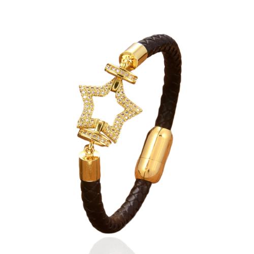 bracelet de cordon en PU , cuir PU, avec laiton & Acier inoxydable 304, Placage, Forme différente pour le choix & bijoux de mode & pavé de micro zircon & pour femme, plus de couleurs à choisir Environ 21 cm, Vendu par PC