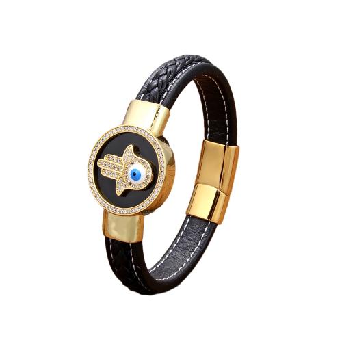 PU Leather Cord Bracelets, with Natural Stone & 304 Stainless Steel, gold color plated, fashion jewelry & Unisex & micro pave cubic zirconia & enamel Approx 21 cm 