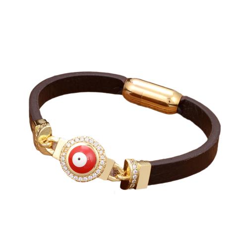 bracelet de cordon en PU , cuir PU, avec laiton & Acier inoxydable 304, Placage de couleur d'or, bijoux de mode & unisexe & pavé de micro zircon & émail, plus de couleurs à choisir Environ 21 cm, Vendu par PC