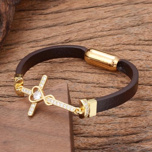 PU Leather Cord Bracelets, with Brass & 304 Stainless Steel, Cross, gold color plated, fashion jewelry & micro pave cubic zirconia & for man Approx 21 cm 