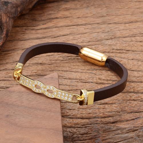 bracelet de cordon en PU , cuir PU, avec laiton & Acier inoxydable 304, Placage de couleur d'or, bijoux de mode & pavé de micro zircon & pour homme, plus de couleurs à choisir Environ 21 cm, Vendu par PC