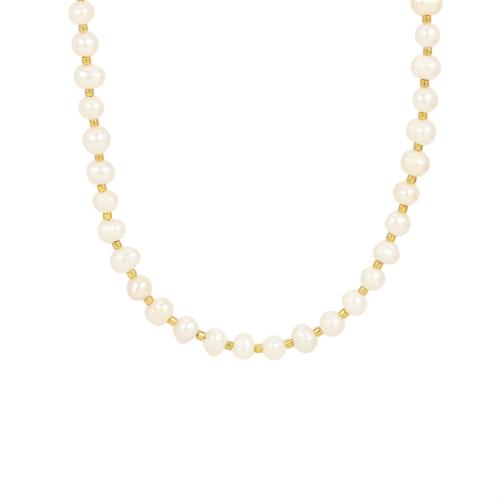 Freshwater Pearl Brass Necklace, with Seedbead & Brass, with 5cm extender chain, gold color plated, fashion jewelry & for woman, white Approx 40 cm 