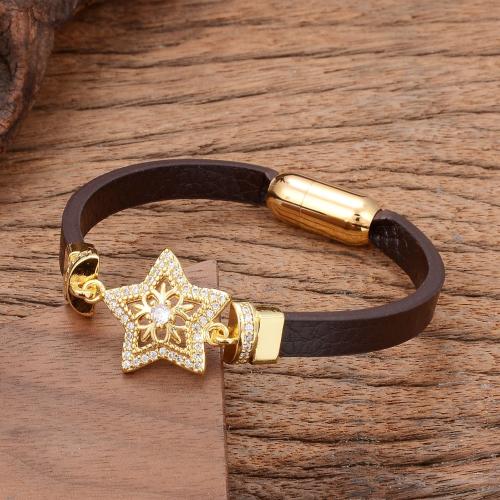 PU Leather Cord Bracelets, with Brass & 304 Stainless Steel, gold color plated, fashion jewelry & micro pave cubic zirconia & for woman Approx 21 cm 