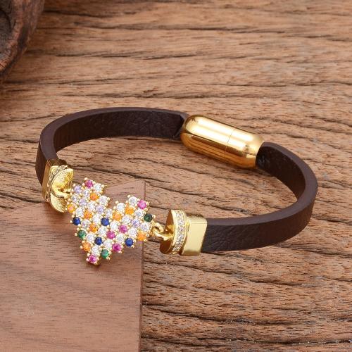 PU Leather Cord Bracelets, with Brass & 304 Stainless Steel, gold color plated, fashion jewelry & micro pave cubic zirconia & for woman Approx 21 cm 