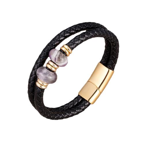 bracelet de cordon en PU , cuir PU, avec Pierre naturelle & Acier inoxydable 304, Placage ionique sous vide, bijoux de mode & unisexe, plus de couleurs à choisir Environ 21 cm, Vendu par PC