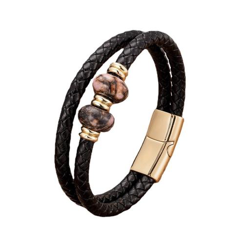 bracelet de cordon en PU , cuir PU, avec Pierre naturelle & Acier inoxydable 304, Placage ionique sous vide, bijoux de mode & unisexe, plus de couleurs à choisir Environ 21 cm, Vendu par PC