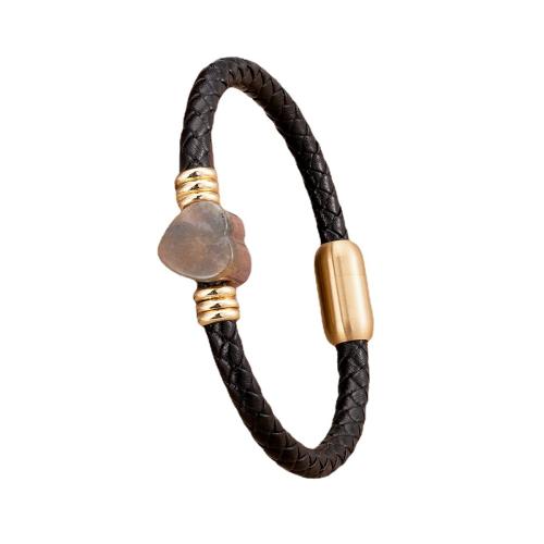 bracelet de cordon en PU , cuir PU, avec Pierre naturelle & Acier inoxydable 304, coeur, Placage ionique sous vide, bijoux de mode & unisexe, plus de couleurs à choisir Environ 21 , Vendu par PC